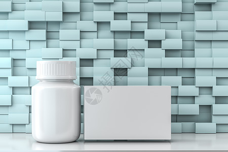 带包装盒的 3d 渲染白色药瓶零售广告品牌生物制药瓶子药品处方纸板包装背景图片
