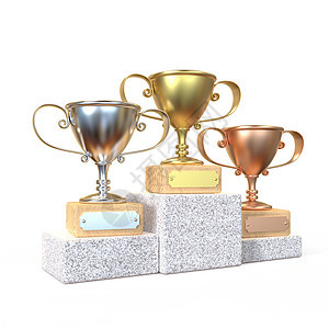3D金 银和铜奖奖杯运动渲染庆典平台金属插图比赛报酬游戏胜利图片