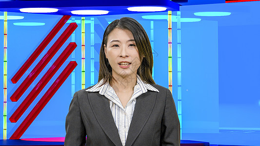 虚拟电视演播室的亚洲女新闻主播女士广播女性居住播音员播送相机记者微笑监视器工作室图片
