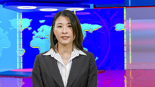 虚拟电视演播室的亚洲女新闻主播女士展示微笑主持人记者工作室播音员广播相机播送居住图片