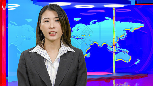 虚拟电视演播室的亚洲女新闻主播女士亚裔相机监视器女性展示广播记者工作室播送主持人图片