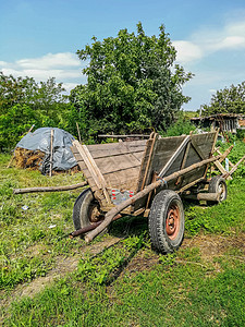 装载玉米的农村木制木车文化大车森林乡村村庄木头车辆旅行场地车轮图片