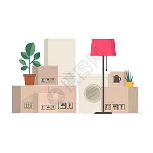 纸板箱和东西  搬到新家送货纸板办公室不动产店铺机器插图房子货物财产图片