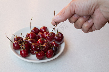 手掌和白盘上的甜樱桃 有选择性地关注浆果图片