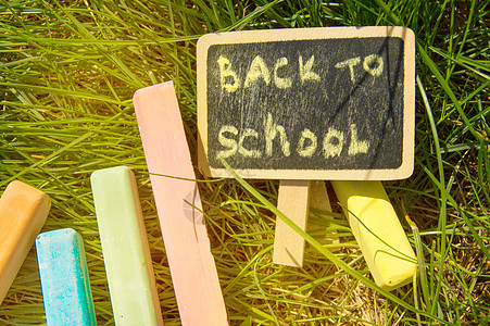 绿草背景上写着回到学校的迷你黑板和彩色粉笔教育财产桌子场地框架金融插图商业假期房子图片