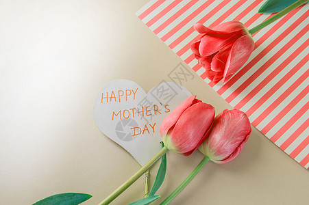母亲节时用鲜花和心做成平整的织物 向妇女致意 粉红背景的红色郁金香母亲标签女士静物礼物平铺明信片纪念日边界概念图片