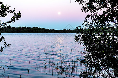 月亮反射在湖面上 美丽的夜景 背景和风景世界月球地平线气氛黑暗卫星镜子蓝色圆圈天空图片