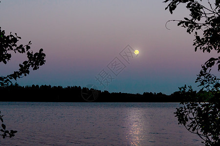 月亮反射在湖面上 美丽的夜景 背景和风景镜子天空卫星蓝色月球天文学世界海浪黑暗圆圈图片