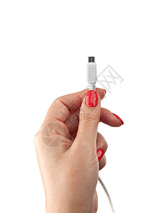 手持USB电缆 女性手持电线金属插头电子产品互联网配饰女士数据白色网络力量图片