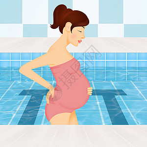 游泳池中怀孕的孕妇女孩游泳母性母亲婴儿游泳衣水池快乐插图分娩图片