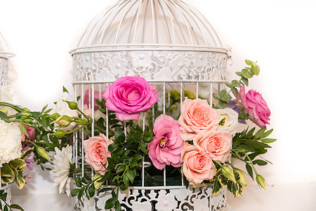 鸟群中两边花朵的腐蚀展示环境玫瑰婚礼花圈规划师装饰树枝庆典盘子图片
