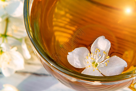 夏天在户外的白色木盘上放着茉莉花茶的花和花瓣 叫做茉莉花或假橙子 特写疗法桌子饮料茶碗香气茉莉绿茶照片芳香茶点图片