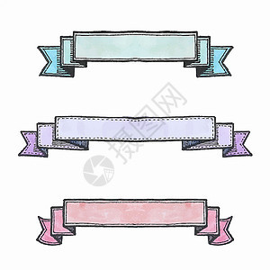 一组水彩丝条横幅涂鸦滚动标签丝带收藏插图漩涡标题空白绘画背景图片