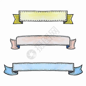 一组水彩丝条横幅丝带框架涂鸦标题插图标签雕刻旗帜收藏空白背景