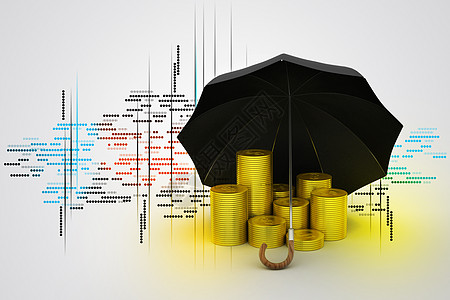 一把黑伞下的金币下雨硬币金子遮阳棚生长投资庇护所银行银行业商业图片