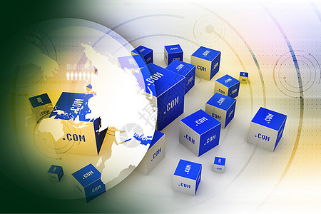 立方体中的 Dot com 域名全球主持人插图网址互联网金字塔盒子网站世界浏览器图片