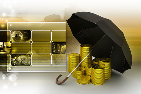 一把黑伞下的金币庇护所金子商业金融银行业生长季节天气阴影安全图片