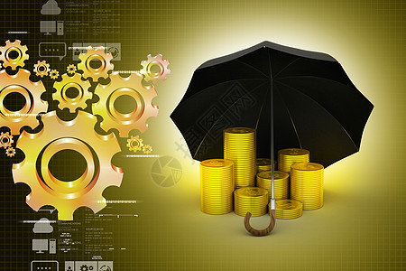 一把黑伞下的金币尼龙庇护所商业遮阳棚安全银行业气候下雨投资阴影背景图片