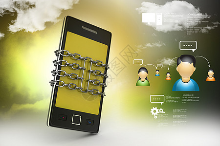 具有链安全概念的智能手机网络展示身份间谍骇客插图挂锁细胞软件技术图片