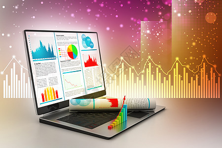 显示财务报告的笔记本电脑文档办公室营销技术软垫市场图表屏幕金融帐户图片