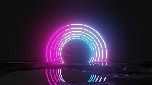 黑暗背景上发光的霓虹灯圈照明游戏展示科学网络插图技术戒指反射激光图片