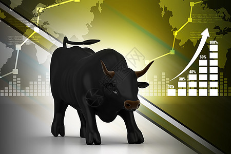 在彩色背景中不断上升的黑色商业公牛股市证券首都金子金融气泡繁荣表现利润价格图片