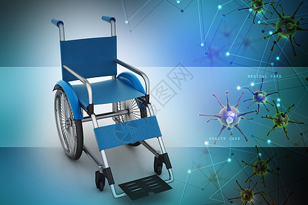 彩色背景带病毒的医用轮椅卫生椅子病人疾病交通蓝色诊所小路减值车轮图片