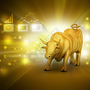 彩色背景中黄金商业公牛升起经济市场斗牛金子表现状况分析师股票金融利润图片