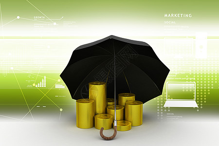 彩色背景带伞的金币安全投资银行业气候尼龙天气庇护所硬币金子商业图片