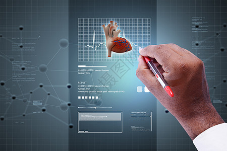 聪明的手指人心数字化卫生服务肌肉图表快乐蓝色医生黑发实验室图片