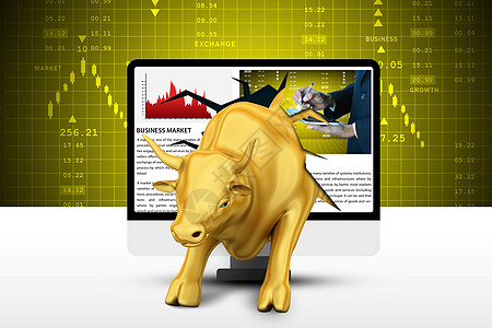 携带笔记本电脑的金公牛斗牛股票股价证券交易市场金子碰撞投资者股市图片