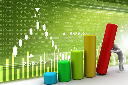 3D人按条形图投资进步员工风险经理数据数字公司图表战略图片