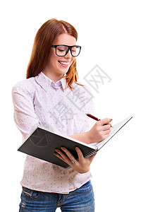 微笑的女孩写在笔记本上学习女性工作学校大学学生眼镜压力教育考试图片