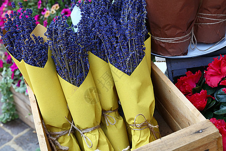 商店里有干叶子鲜花盒子风格蓝色花束零售花朵展示团体装饰黄色图片