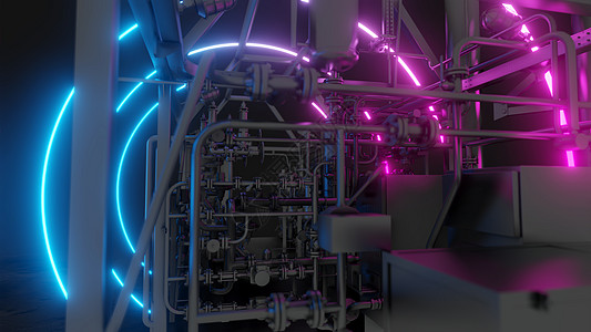 带霓虹灯的抽象工业设备3d技术荧光照明激光反射辉光商业活力蓝色图片