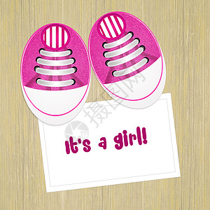 有婴儿鞋的分娩女性迎婴派对公告插图粉色明信片配件洗礼女孩背景图片