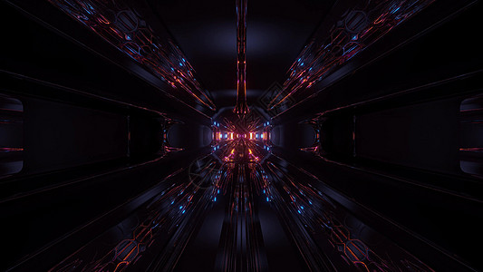 黑暗的科幻隧道走廊与反光轮廓线框 3d 插图壁纸背景渲染辉光蓝色艺术橙子反射建筑运动图片