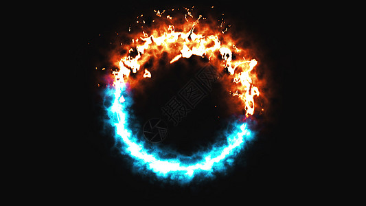 空间中明亮的动态火和冰环这是相反的符号 3d 渲染计算机生成的背景辉光橙子框架漩涡运动力量戒指圆圈火焰闪电图片