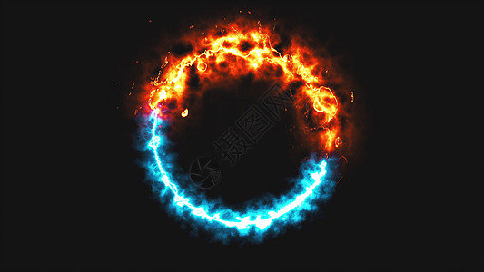 空间中明亮的动态火和冰环这是相反的符号 3d 渲染计算机生成的背景圆圈力量艺术辉光漩涡耀斑框架火花运动火焰图片