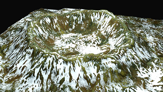 现代 3d 渲染火山口与雪和绿色表面这在一块地球计算机生成的背景科学流星地面插图陨石卫星行星轨道世界火山图片