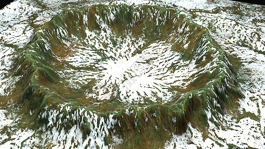 现代 3d 渲染火山口与雪和绿色表面这在一块地球计算机生成的背景岩石陨石卫星宇宙石头火山流星科学轨道世界图片