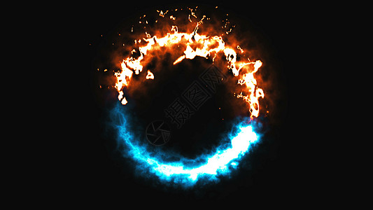 空间中明亮的动态火和冰环这是相反的符号 3d 渲染计算机生成的背景活力火焰蓝色圆圈戒指运动艺术闪电橙子耀斑图片