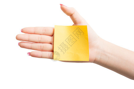 手持空白黄纸纸纸的妇女横幅公告回忆写作邮政白色商业会议手势软垫图片