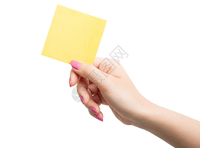 手持空白黄纸纸纸的妇女邮政备忘录女士软垫写作数据会议框架手势白色图片