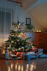圣诞树和圣诞礼物盒盒子展示曲线风格金子礼物房间松树装饰季节图片