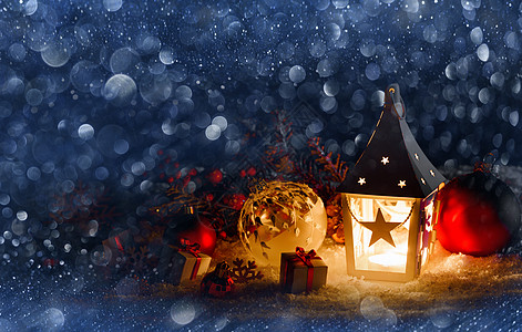 星星灯绿灯和圣诞节装饰新年庆典装饰品雪花烧伤灯笼风格辉光玩具松树背景