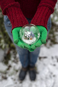 水晶圣诞舞会 里面有房子和雪雪花地球灯泡玻璃圆顶季节礼物季节性庆典松树图片