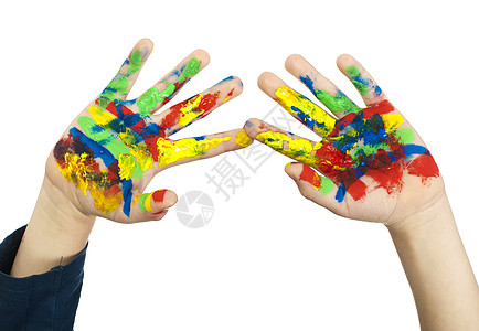 涂着彩色涂料的男孩手快乐爱好微笑孩子们学习孩子手指创造力操场幸福图片