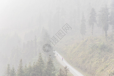 孤独的亚裔女士骑摩托车乘着越南北部迷雾中山路的摩托车图片