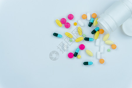 各种药品药片 平药片和胶囊医院药剂处方治愈止痛药药物疼痛蓝色瓶子制药图片